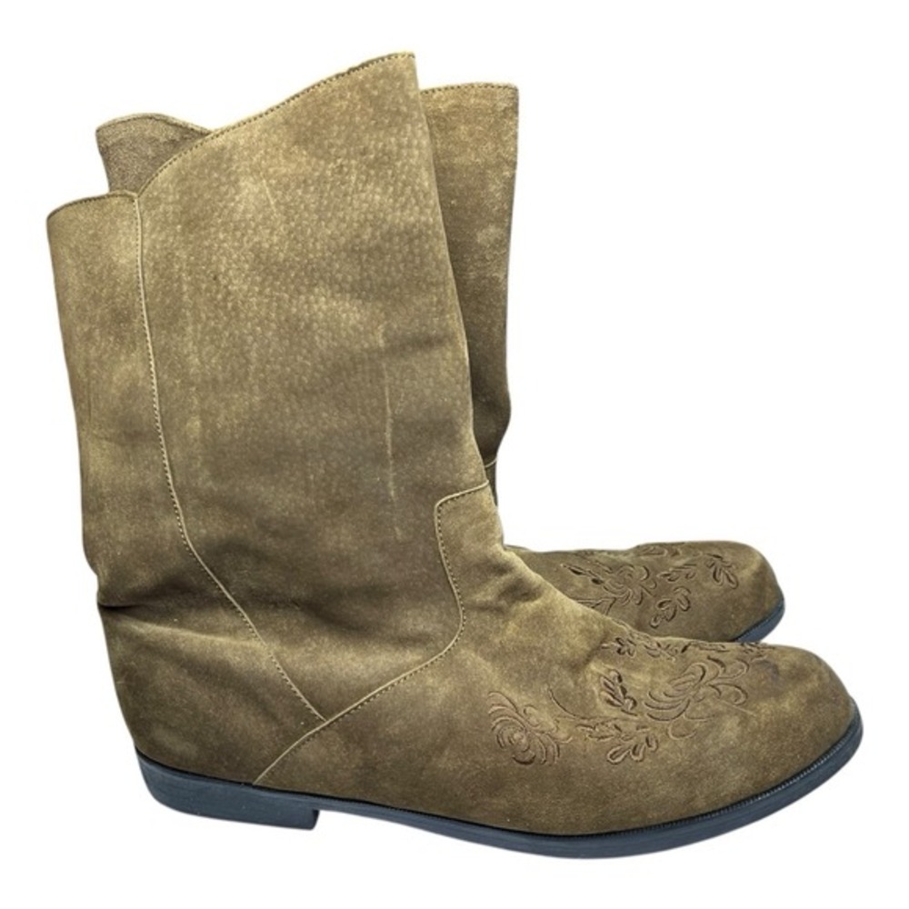 Jack Sprat 8 Brown Mid Calf Boots Suede Floral Embroidered Boho Cottagecore‎